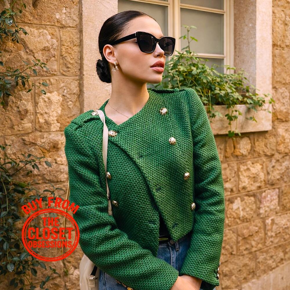 Zara Emerald Green Cropped Military Jacket Gold Button NWT - Picture 2 of 16